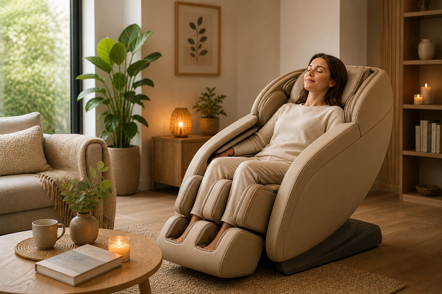 femme détendue dans un fauteuil massant espace bien-être maison