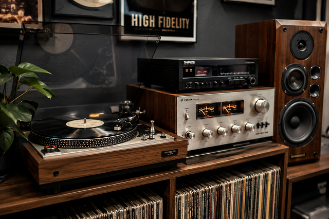 Installation hi-fi vintage avec platine vinyle, amplificateur et enceintes en bois